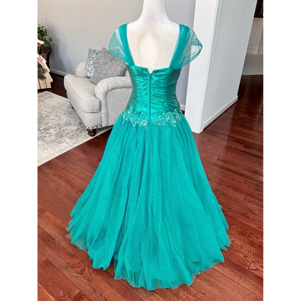 Vintage Luxury Alyce Designs Teal Green Glitter Puffy Tulle Princess Gown Dress - Picture 5 of 12